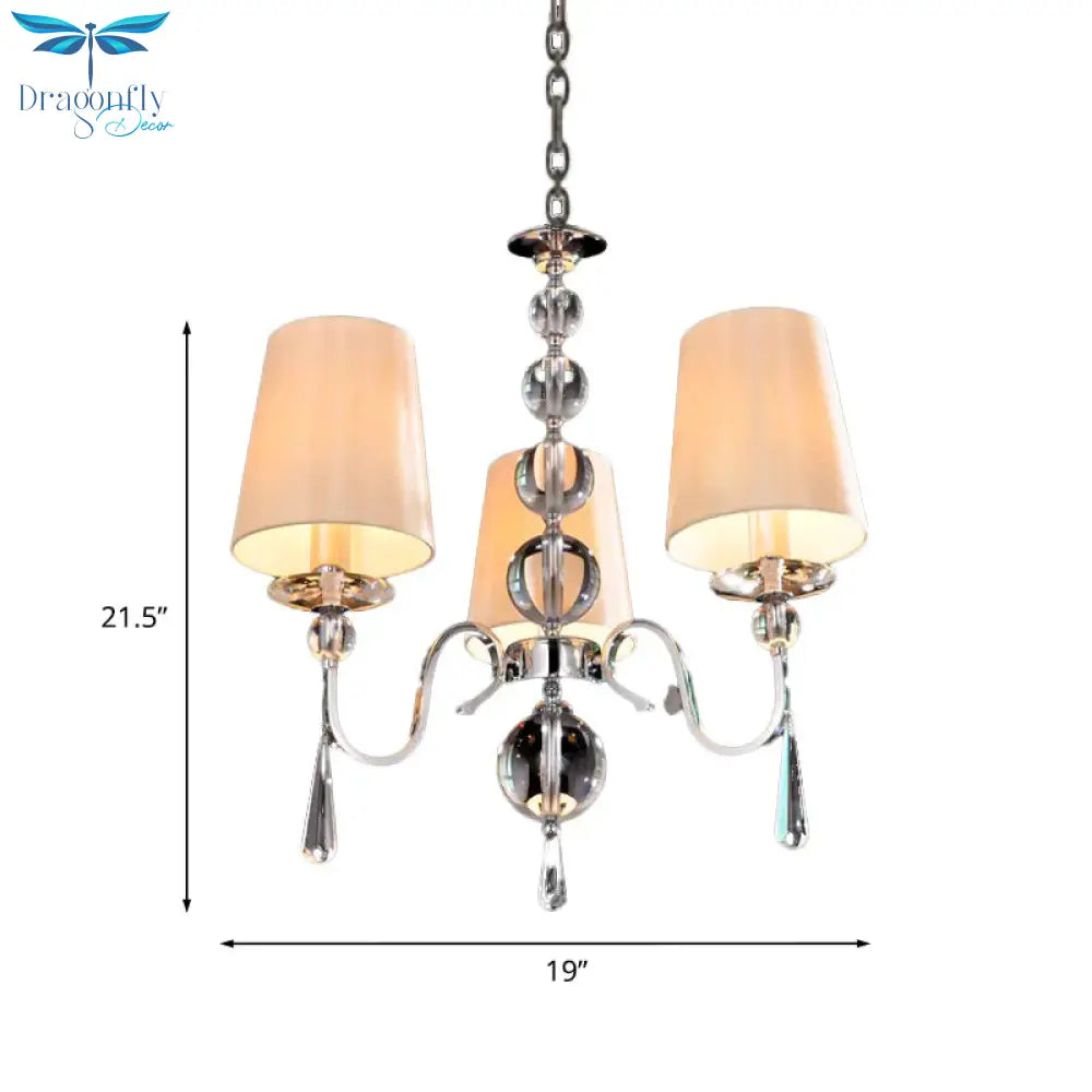 Conic Fabric Hanging Chandelier Modernist 3 Heads Restaurant Down Lighting With Gourd Crystal Decor
