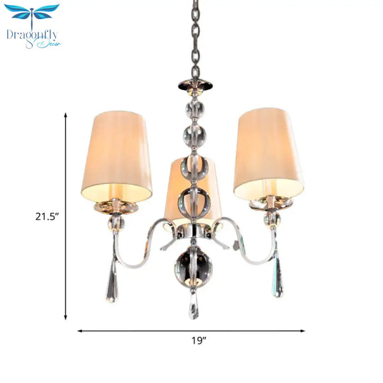 Conic Fabric Hanging Chandelier Modernist 3 Heads Restaurant Down Lighting With Gourd Crystal Decor