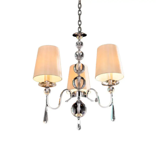 Conic Fabric Hanging Chandelier Modernist 3 Heads Restaurant Down Lighting With Gourd Crystal Decor