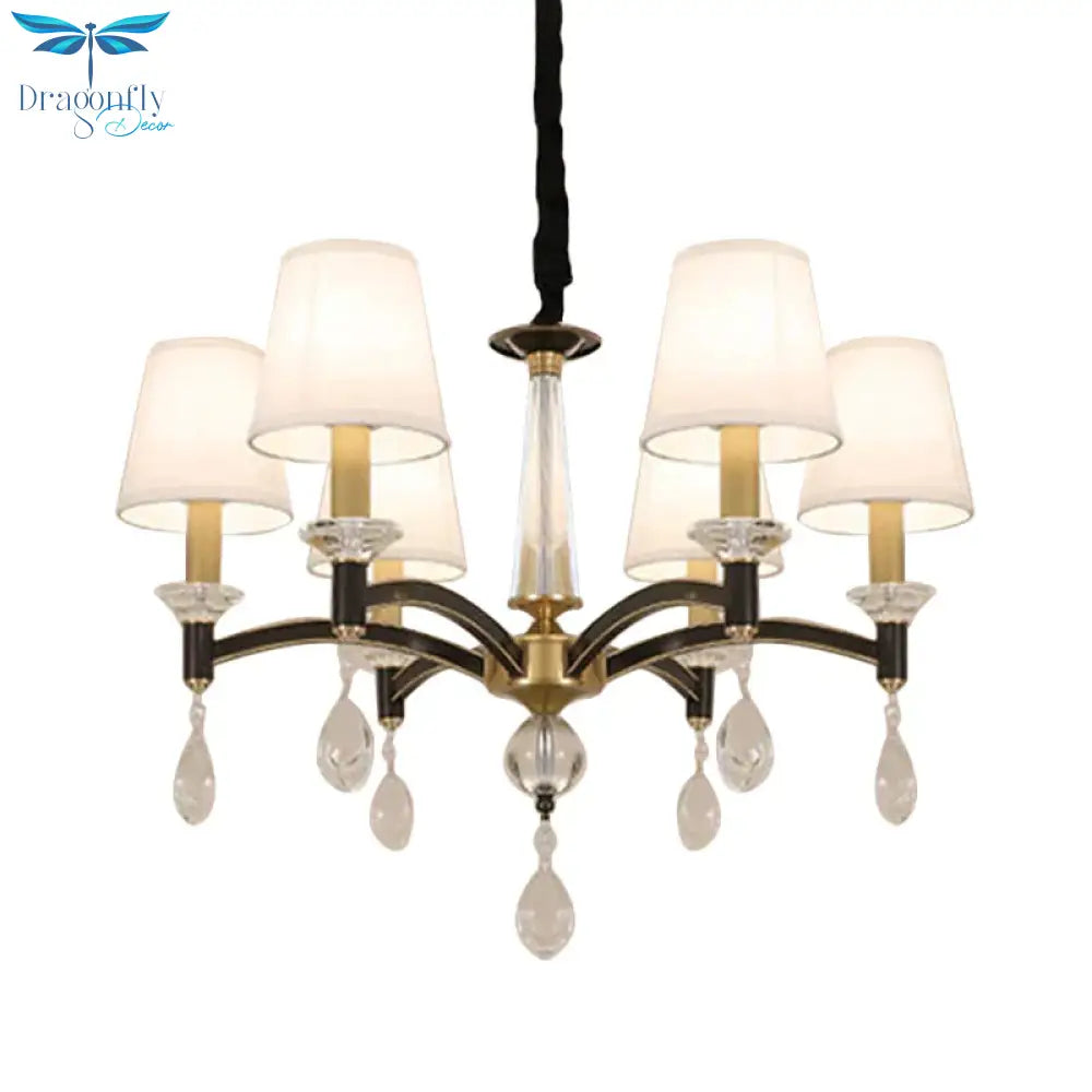 Conical Fabric Hanging Chandelier Vintage 6 - Bulb Dining Room Pendant Light Fixture In White With