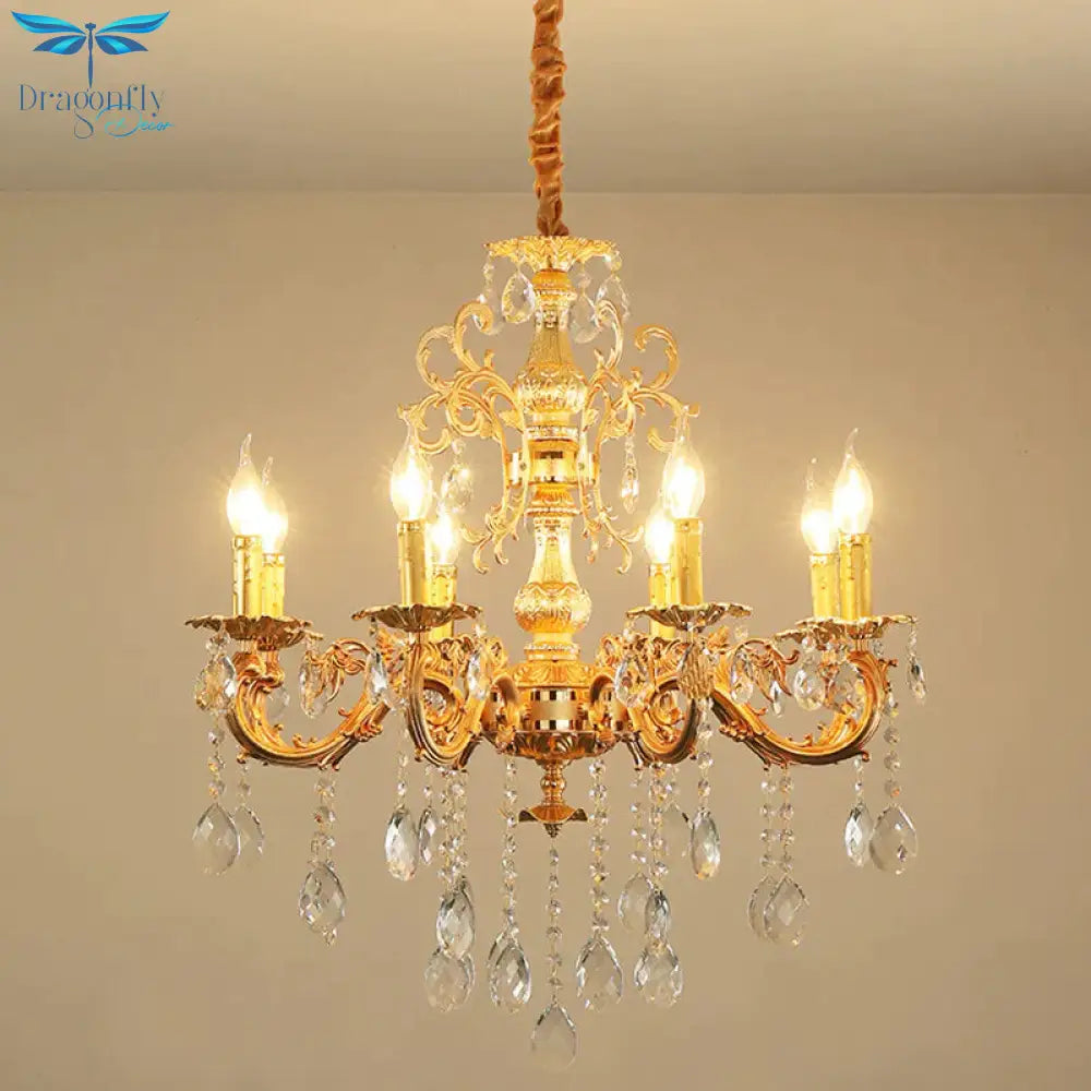 Contemporary Candle Chandelier Lamp Crystal 6/8 Lights Bedroom Pendant Light Fixture In Gold