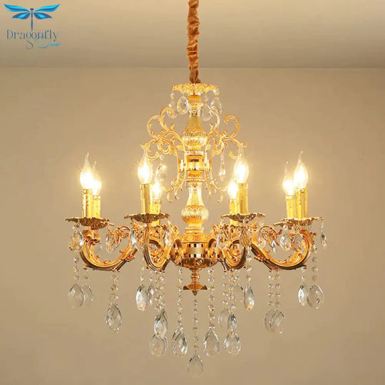 Contemporary Candle Chandelier Lamp Crystal 6/8 Lights Bedroom Pendant Light Fixture In Gold