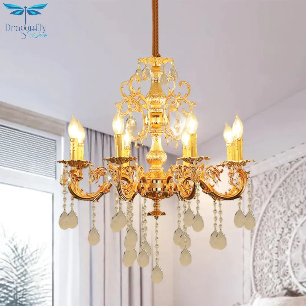 Contemporary Candle Chandelier Lamp Crystal 6/8 Lights Bedroom Pendant Light Fixture In Gold