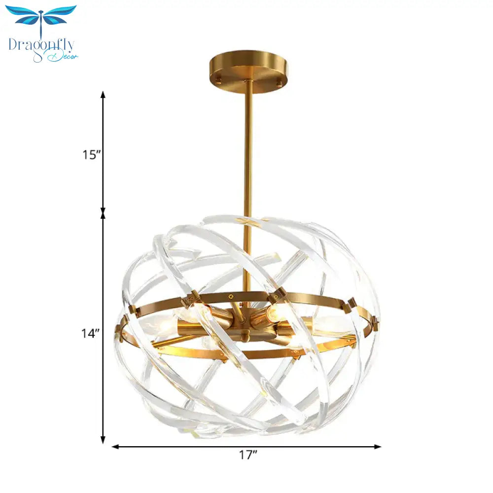 Contemporary Sphere Hanging Chandelier Metal 6 Bulbs Suspension Light In Gold With Crystal Tube
