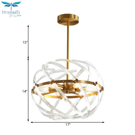 Contemporary Sphere Hanging Chandelier Metal 6 Bulbs Suspension Light In Gold With Crystal Tube