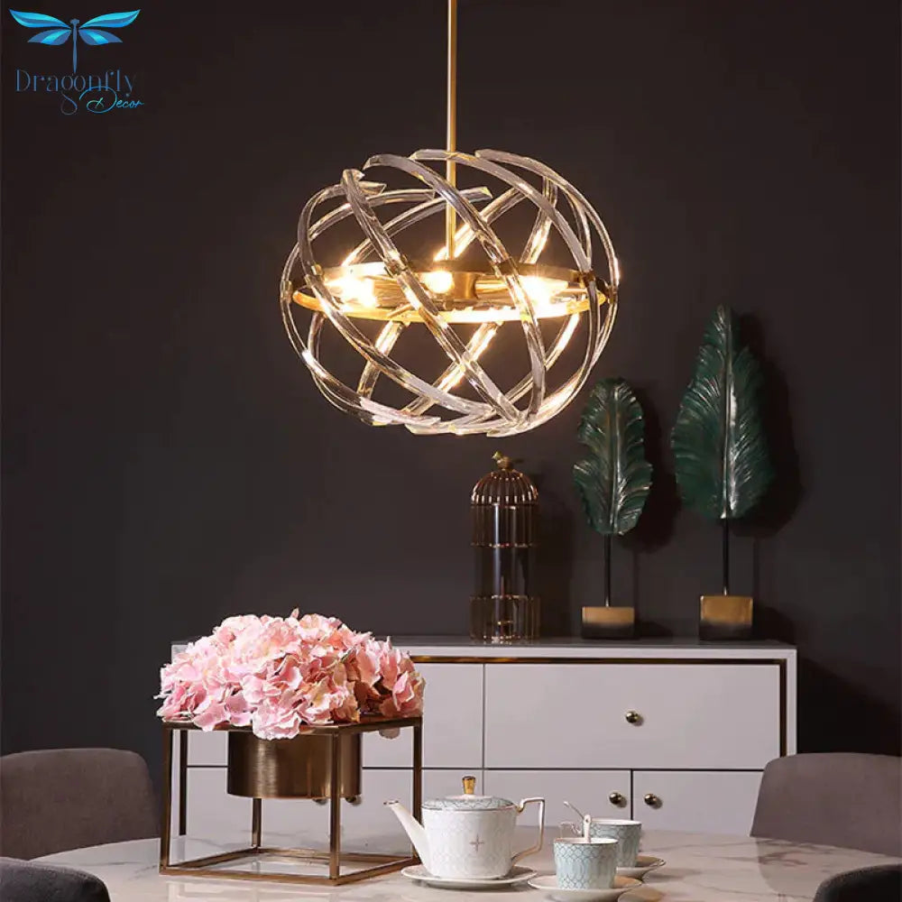 Contemporary Sphere Hanging Chandelier Metal 6 Bulbs Suspension Light In Gold With Crystal Tube