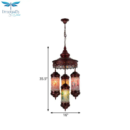 Copper Cylinder Chandelier Lighting Art Deco Stained Glass 4 Lights Bar Hanging Pendant Lamp