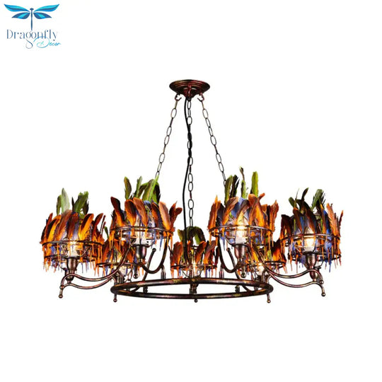 Copper Finish 9 - Head Traditional Chandelier Lamp With Indian Feather Headwear Element
