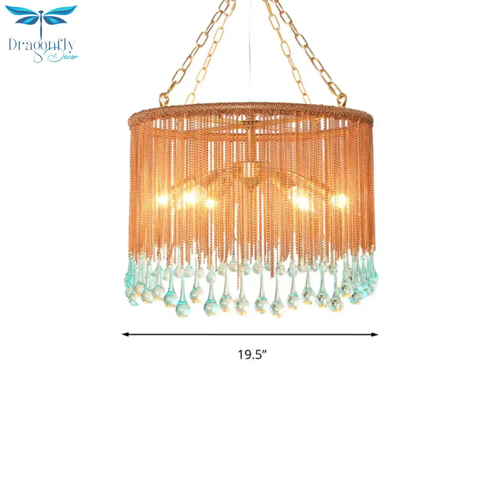 Copper Round Chandelier Light Fixture Traditional Metal Chain 6 Heads Living Room Hanging Lamp