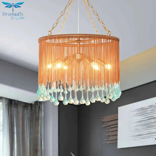 Copper Round Chandelier Light Fixture Traditional Metal Chain 6 Heads Living Room Hanging Lamp