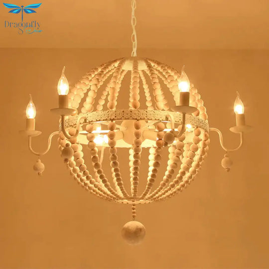 Cottage Sphere Beaded Chandelier 25.5’/31’ Dia 9 - Light White Wood Suspended Lighting Fixture
