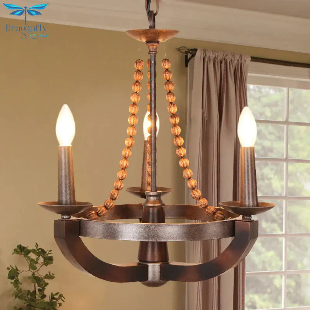 Country Candlelabrum Pendant Light 3 Lights Metal Chandelier Lamp In Dark Wood