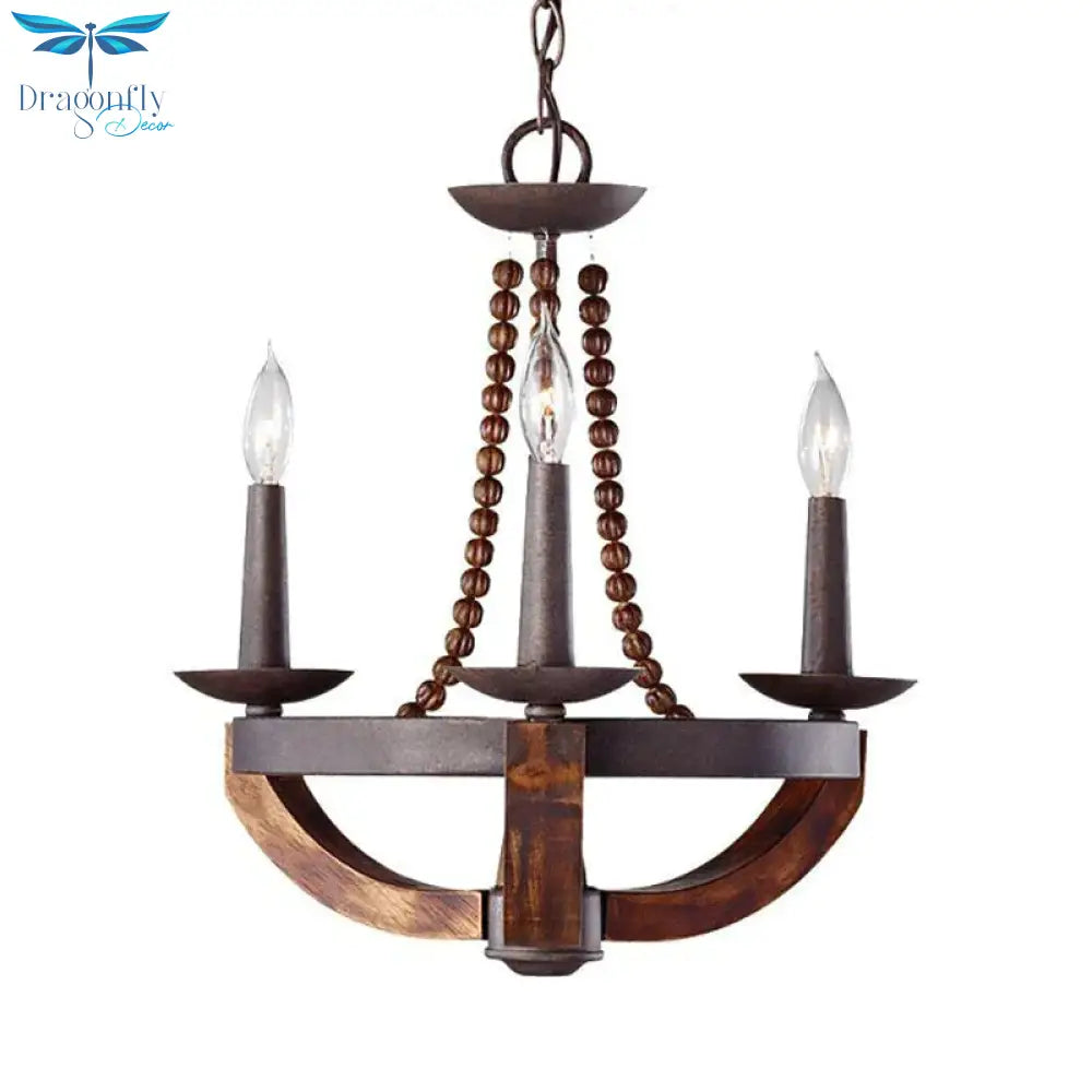 Country Candlelabrum Pendant Light 3 Lights Metal Chandelier Lamp In Dark Wood