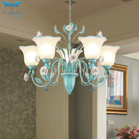 Country Flared Chandelier Lighting Fixture 3/5/7 Bulbs Metal Led Drop Pendant In Pink/Blue For