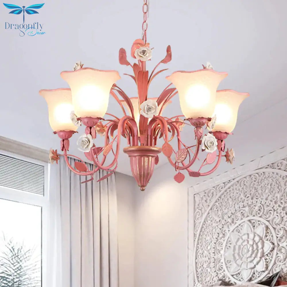 Country Flared Chandelier Lighting Fixture 3/5/7 Bulbs Metal Led Drop Pendant In Pink/Blue For