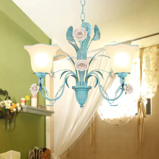 Country Flared Chandelier Lighting Fixture 3/5/7 Bulbs Metal Led Drop Pendant In Pink/Blue For