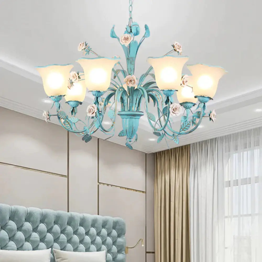 Country Flared Chandelier Lighting Fixture 3/5/7 Bulbs Metal Led Drop Pendant In Pink/Blue For