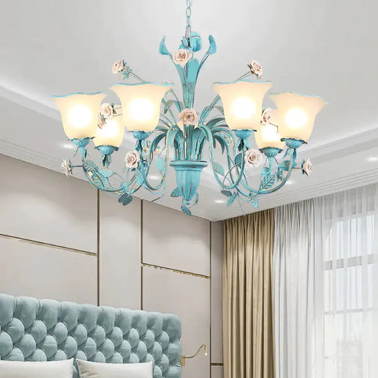 Country Flared Chandelier Lighting Fixture 3/5/7 Bulbs Metal Led Drop Pendant In Pink/Blue For