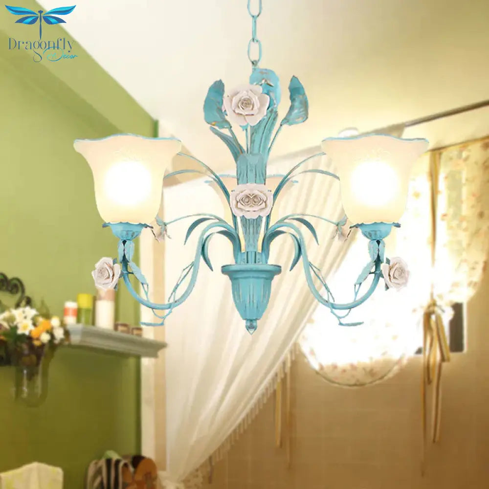 Country Flared Chandelier Lighting Fixture 3/5/7 Bulbs Metal Led Drop Pendant In Pink/Blue For