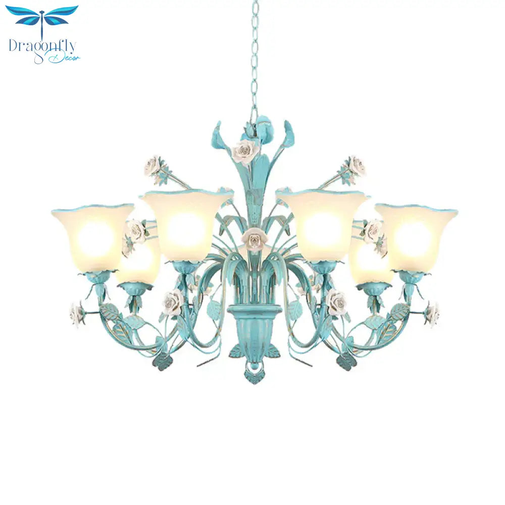 Country Flared Chandelier Lighting Fixture 3/5/7 Bulbs Metal Led Drop Pendant In Pink/Blue For