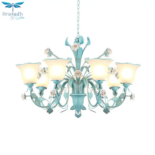 Country Flared Chandelier Lighting Fixture 3/5/7 Bulbs Metal Led Drop Pendant In Pink/Blue For