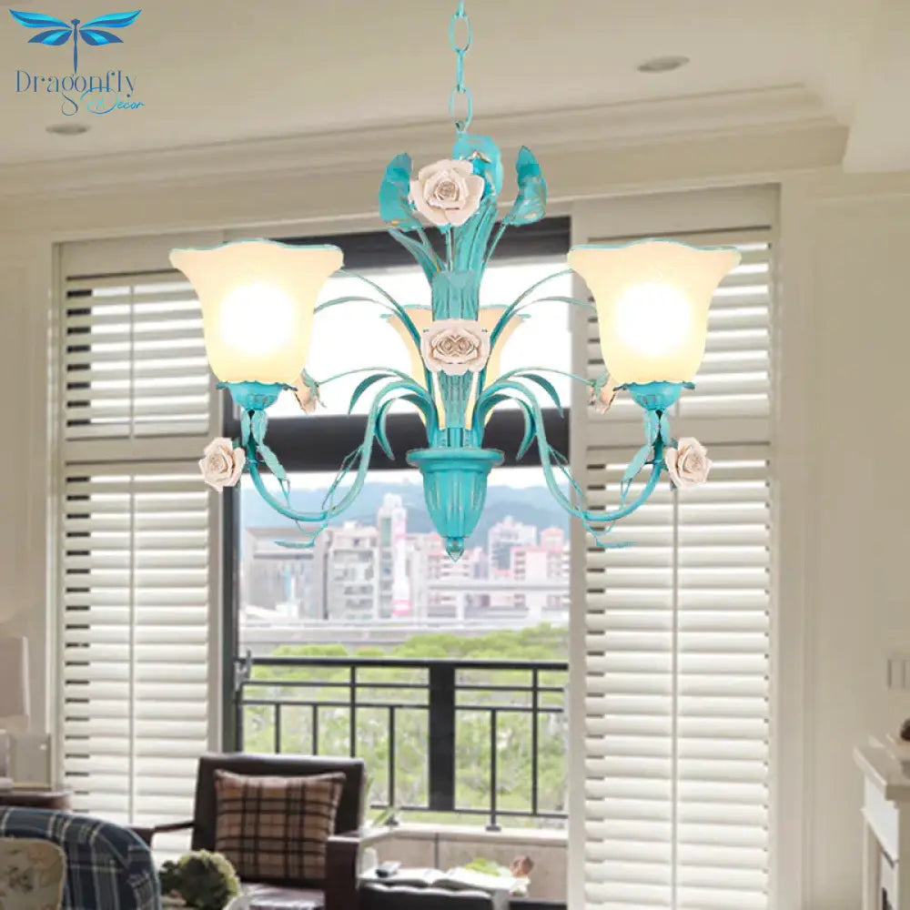 Country Flared Chandelier Lighting Fixture 3/5/7 Bulbs Metal Led Drop Pendant In Pink/Blue For