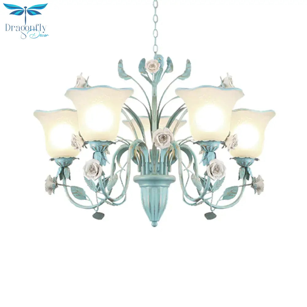 Country Flared Chandelier Lighting Fixture 3/5/7 Bulbs Metal Led Drop Pendant In Pink/Blue For