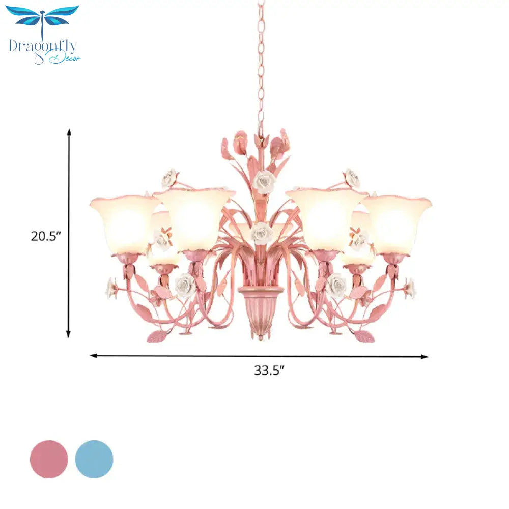 Country Flared Chandelier Lighting Fixture 3/5/7 Bulbs Metal Led Drop Pendant In Pink/Blue For