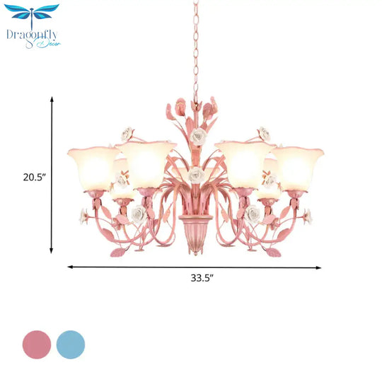 Country Flared Chandelier Lighting Fixture 3/5/7 Bulbs Metal Led Drop Pendant In Pink/Blue For