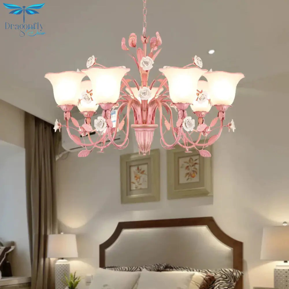 Country Flared Chandelier Lighting Fixture 3/5/7 Bulbs Metal Led Drop Pendant In Pink/Blue For