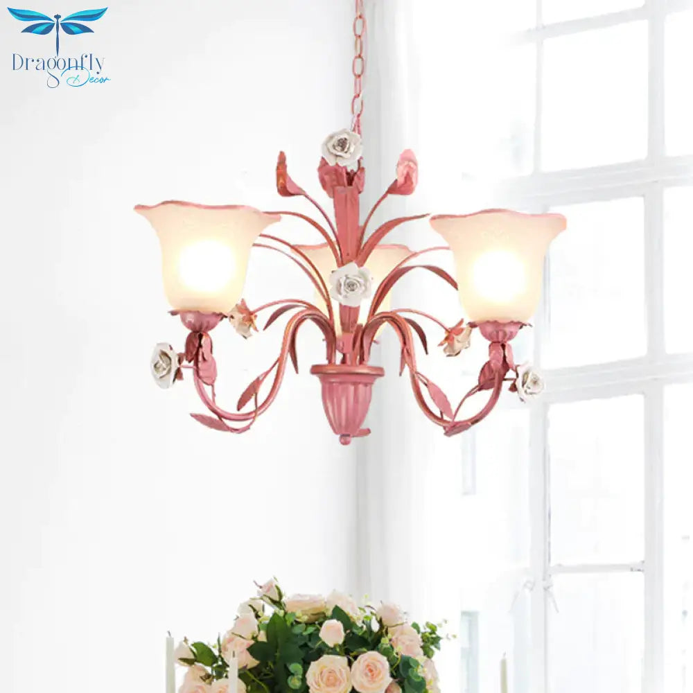 Country Flared Chandelier Lighting Fixture 3/5/7 Bulbs Metal Led Drop Pendant In Pink/Blue For
