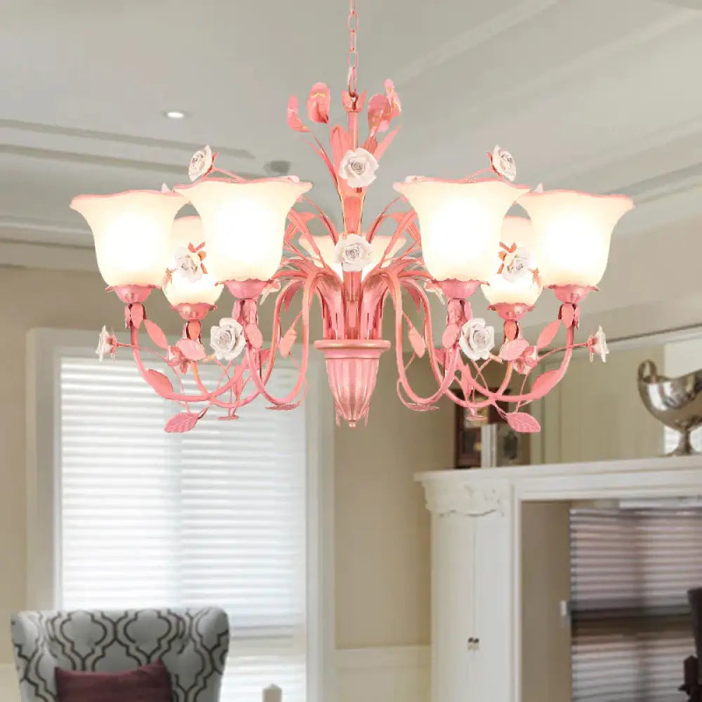 Country Flared Chandelier Lighting Fixture 3/5/7 Bulbs Metal Led Drop Pendant In Pink/Blue For