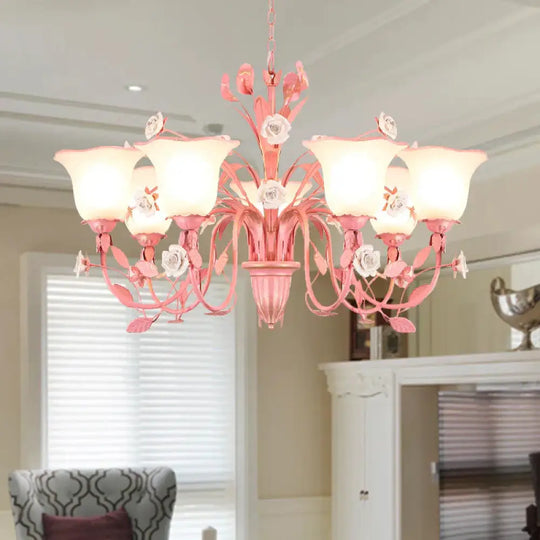 Country Flared Chandelier Lighting Fixture 3/5/7 Bulbs Metal Led Drop Pendant In Pink/Blue For