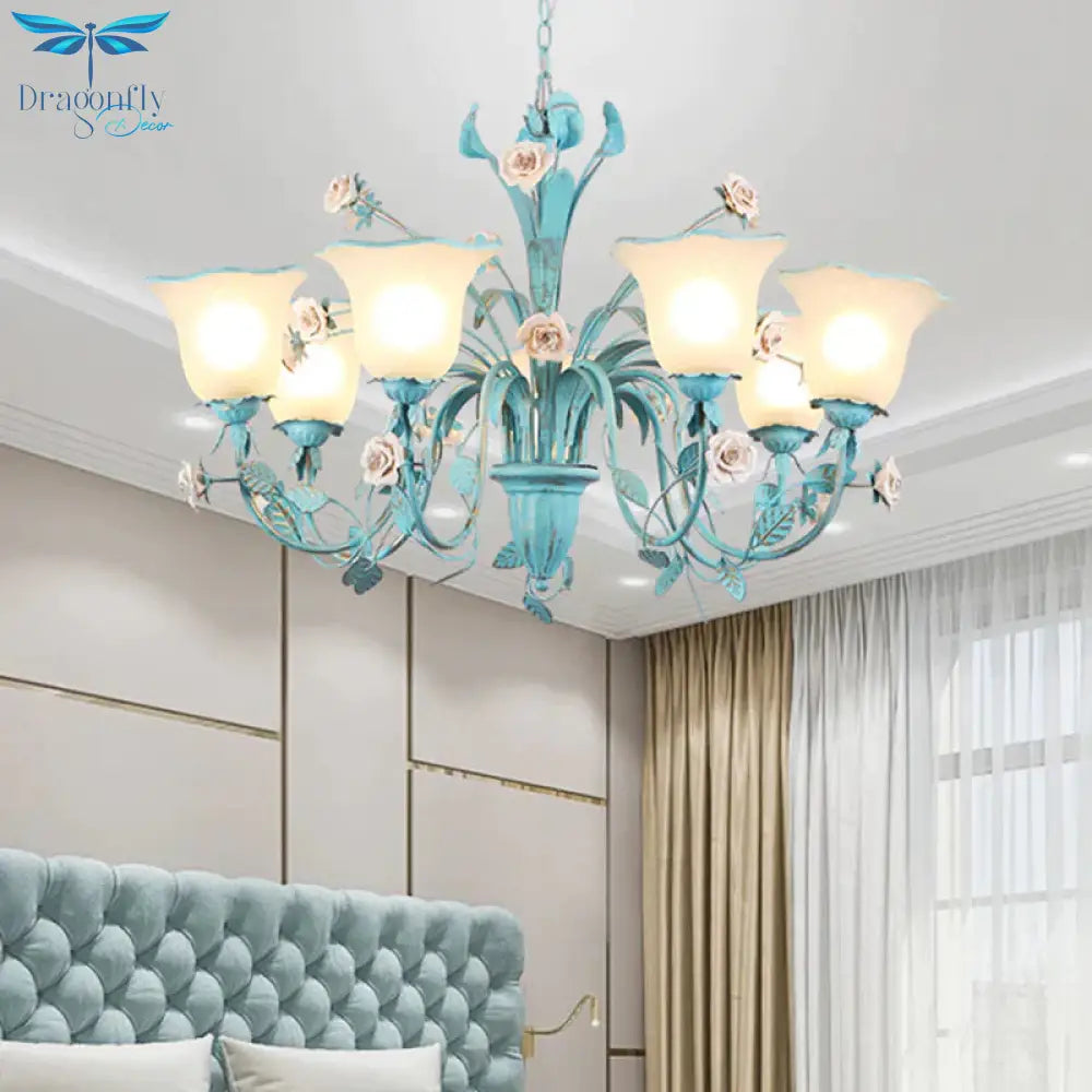 Country Flared Chandelier Lighting Fixture 3/5/7 Bulbs Metal Led Drop Pendant In Pink/Blue For