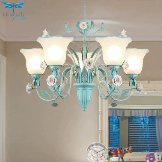 Country Flared Chandelier Lighting Fixture 3/5/7 Bulbs Metal Led Drop Pendant In Pink/Blue For