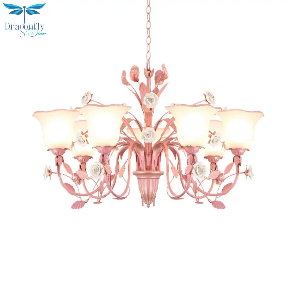 Country Flared Chandelier Lighting Fixture 3/5/7 Bulbs Metal Led Drop Pendant In Pink/Blue For