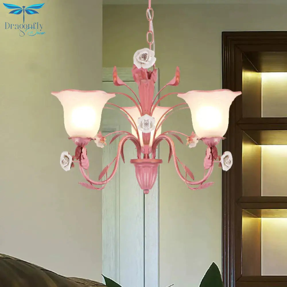 Country Flared Chandelier Lighting Fixture 3/5/7 Bulbs Metal Led Drop Pendant In Pink/Blue For