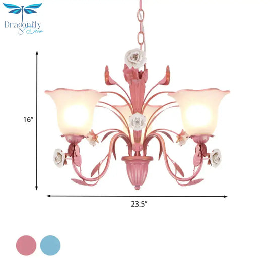 Country Flared Chandelier Lighting Fixture 3/5/7 Bulbs Metal Led Drop Pendant In Pink/Blue For