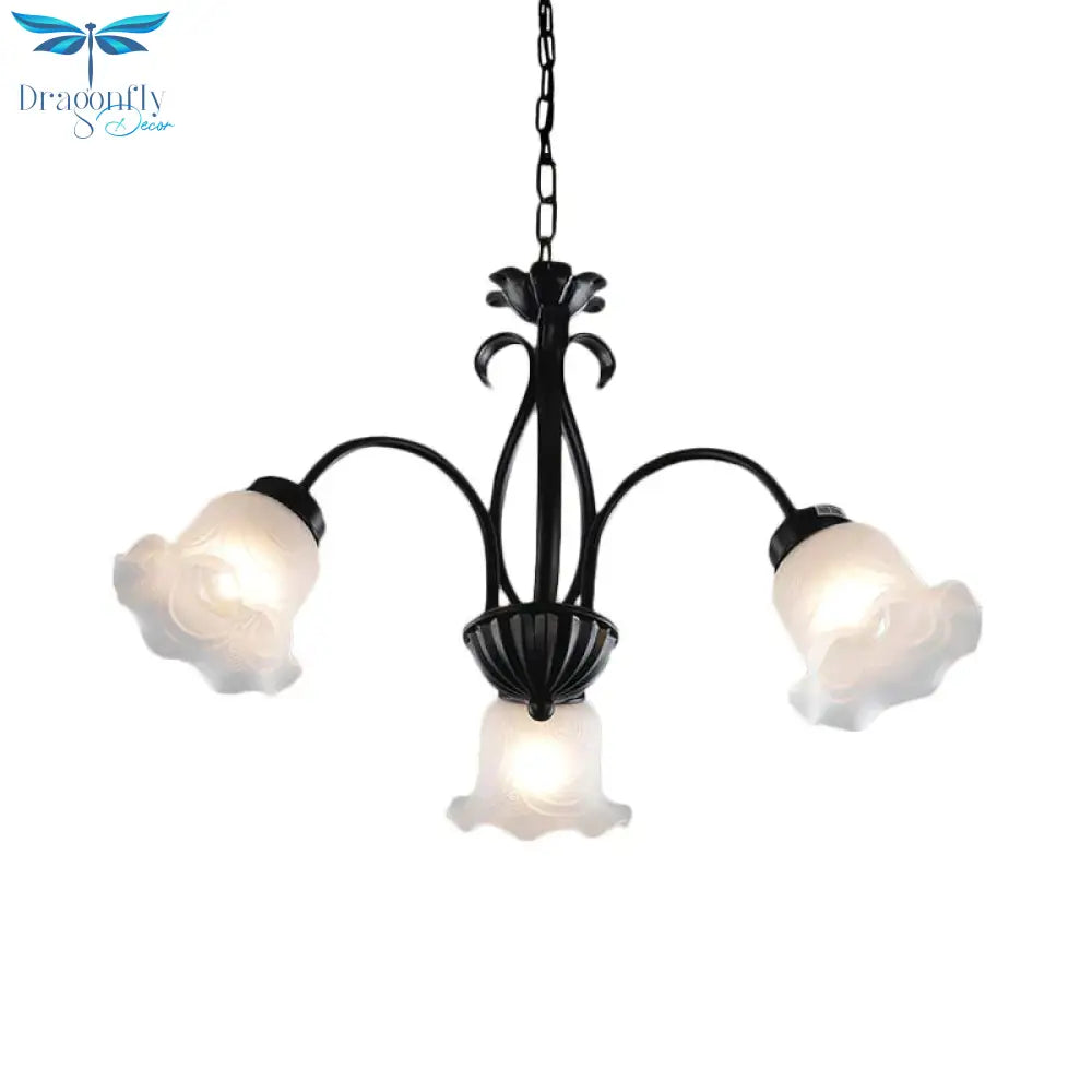 Country Floral Chandelier Lamp 5/6/8 Heads Frosted Glass Pendant Light Fixture In Black With