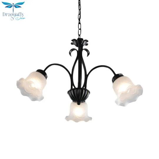 Country Floral Chandelier Lamp 5/6/8 Heads Frosted Glass Pendant Light Fixture In Black With