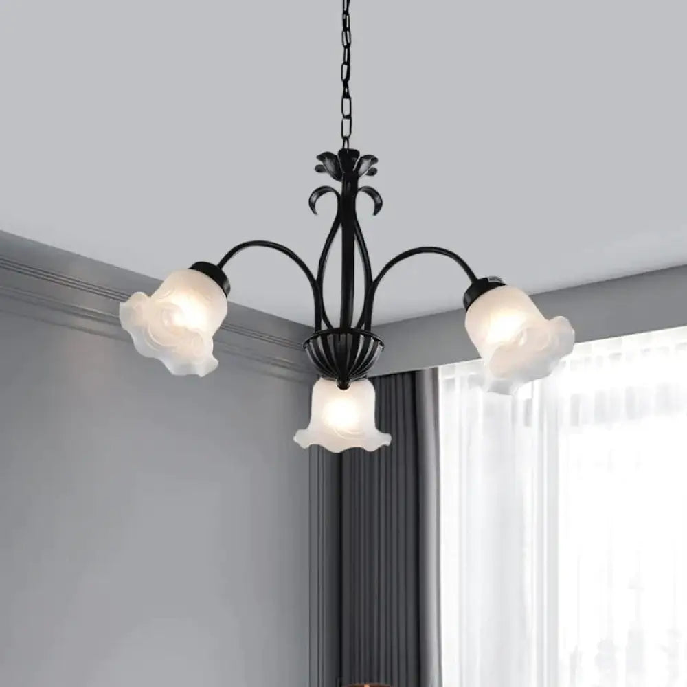 Country Floral Chandelier Lamp 5/6/8 Heads Frosted Glass Pendant Light Fixture In Black With
