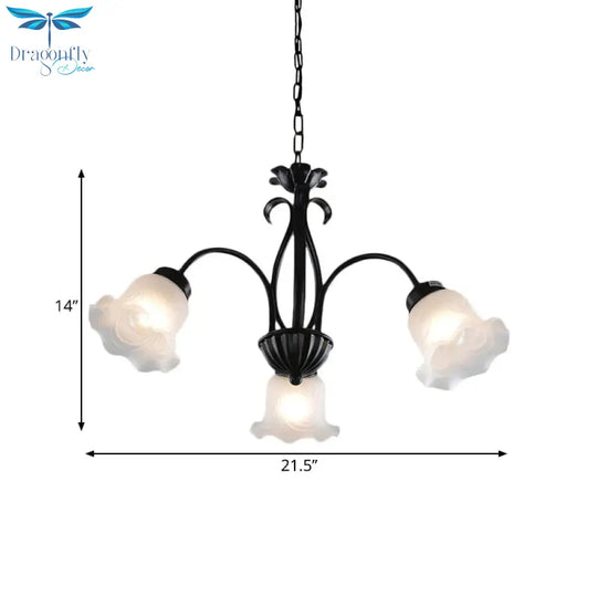 Country Floral Chandelier Lamp 5/6/8 Heads Frosted Glass Pendant Light Fixture In Black With