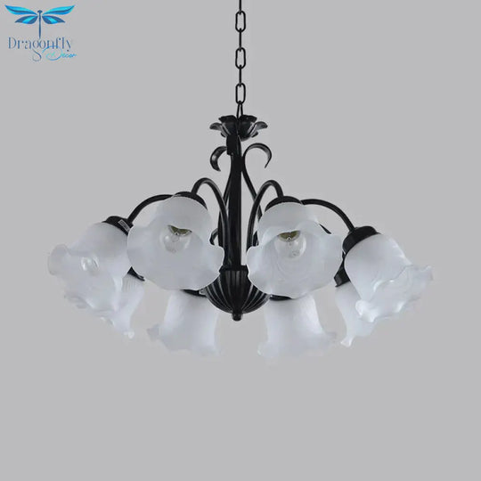 Country Floral Chandelier Lamp 5/6/8 Heads Frosted Glass Pendant Light Fixture In Black With