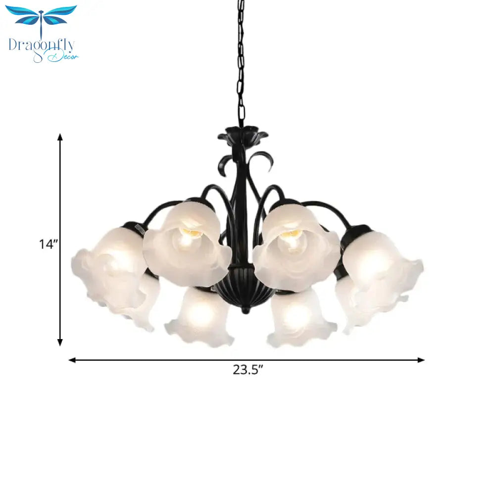 Country Floral Chandelier Lamp 5/6/8 Heads Frosted Glass Pendant Light Fixture In Black With