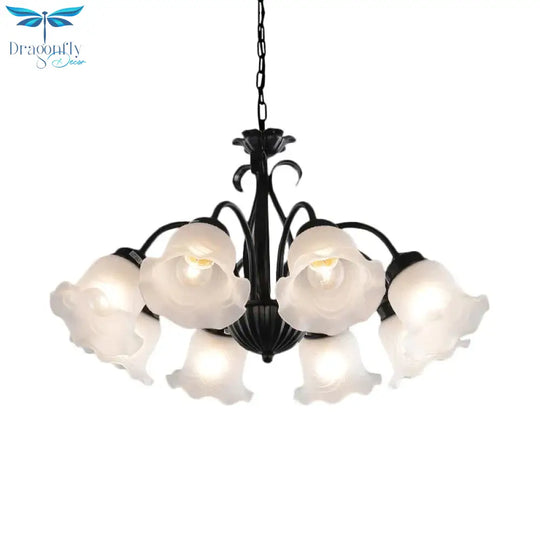 Country Floral Chandelier Lamp 5/6/8 Heads Frosted Glass Pendant Light Fixture In Black With