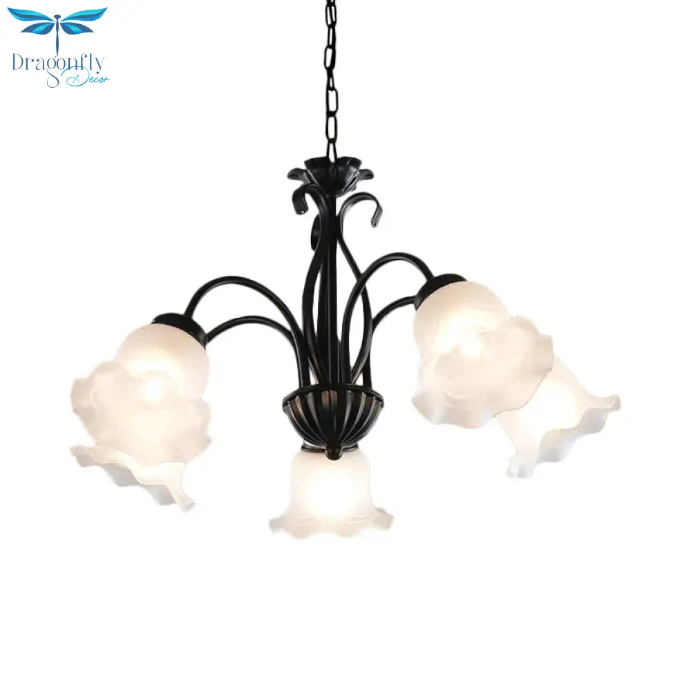 Country Floral Chandelier Lamp 5/6/8 Heads Frosted Glass Pendant Light Fixture In Black With