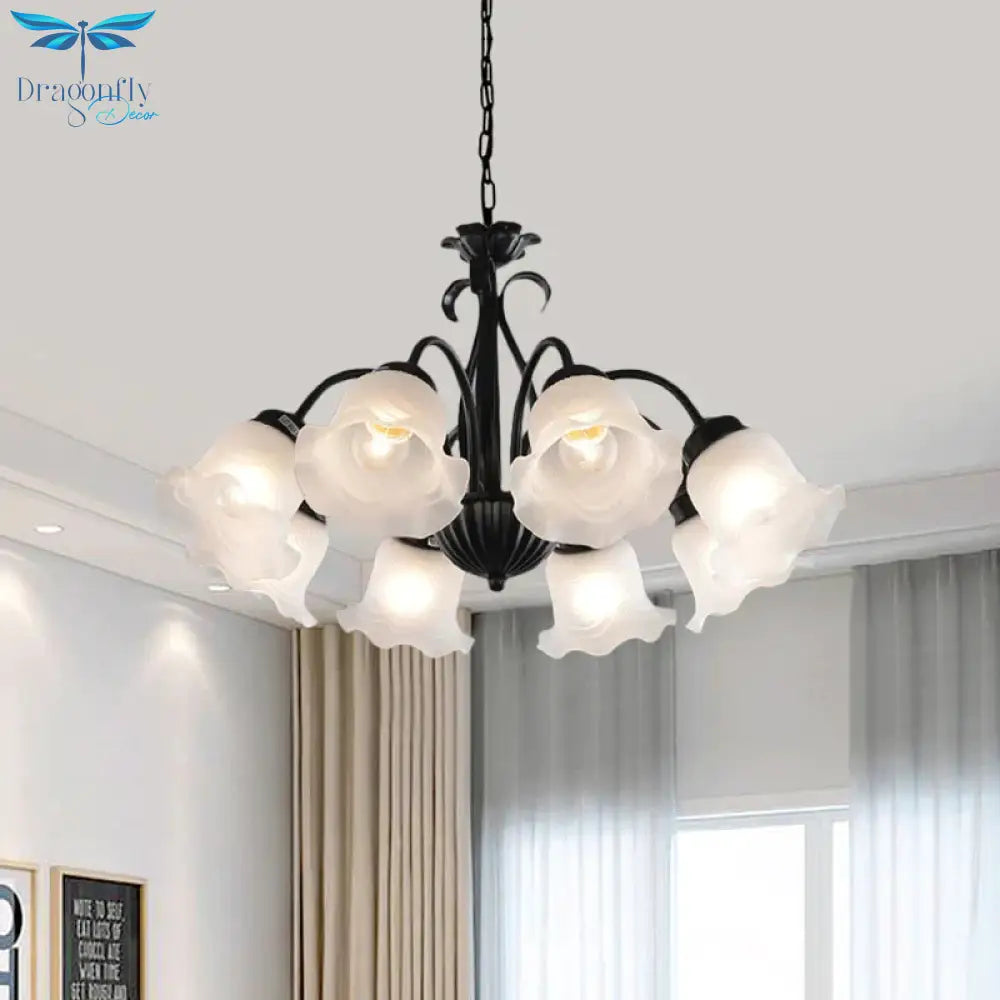Country Floral Chandelier Lamp 5/6/8 Heads Frosted Glass Pendant Light Fixture In Black With