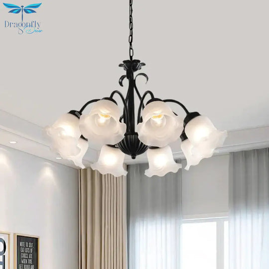 Country Floral Chandelier Lamp 5/6/8 Heads Frosted Glass Pendant Light Fixture In Black With