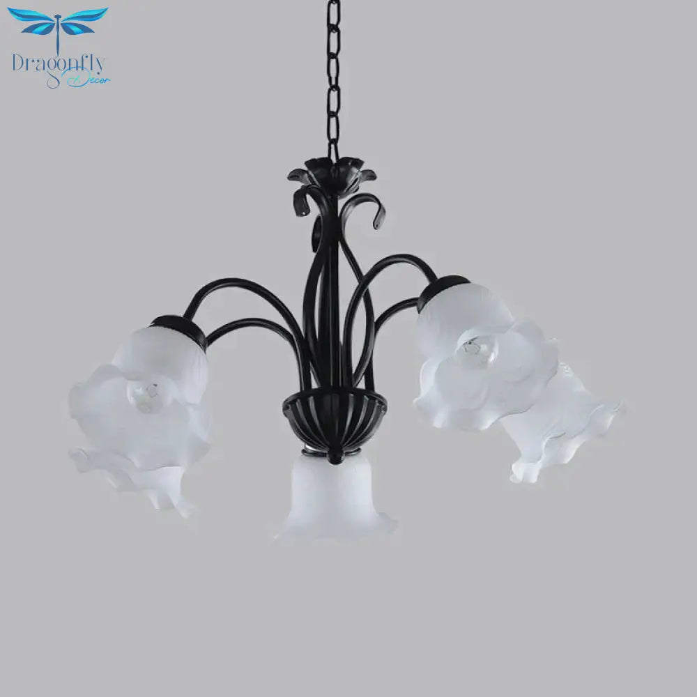 Country Floral Chandelier Lamp 5/6/8 Heads Frosted Glass Pendant Light Fixture In Black With