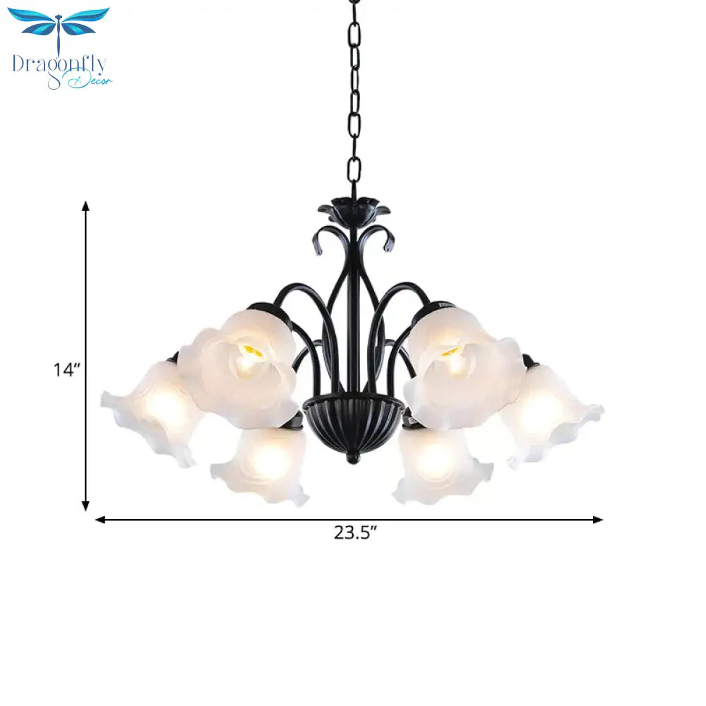 Country Floral Chandelier Lamp 5/6/8 Heads Frosted Glass Pendant Light Fixture In Black With